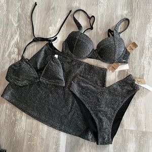 NWT Victoria’s Secret Pink Metallic Silver Black 3 Piece Bikini & Skirt Set XS